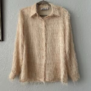90s Eyelash Texture Blouse Fuzzy Button Up Neutral Minimal Soft Girl Small